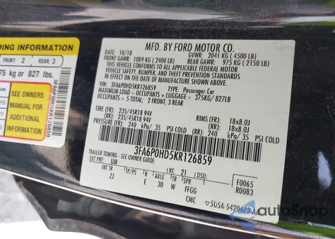 2019 Ford Fusion Se from USA, damaged, VIN 3FA6P0HD5KR126859